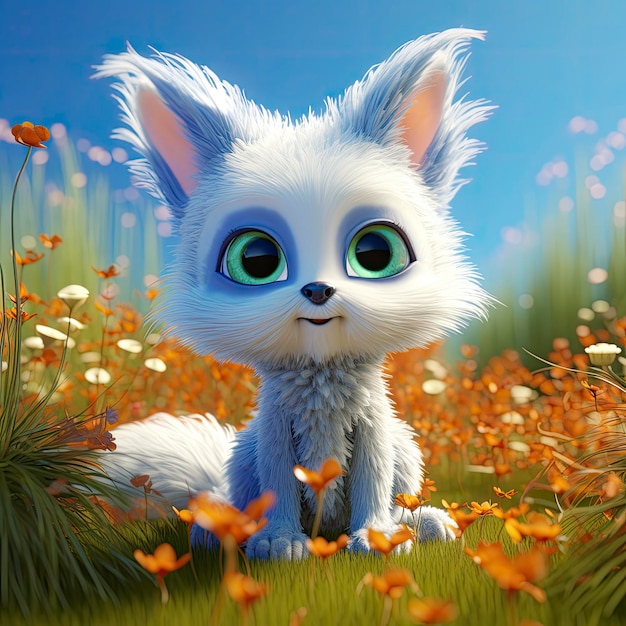 Um bebê super fofo estilo Pixar fada raposa brilhante branco fofo grandes olhos brilhantes rabo fofo sorriso conto de fadas surfar generat ai