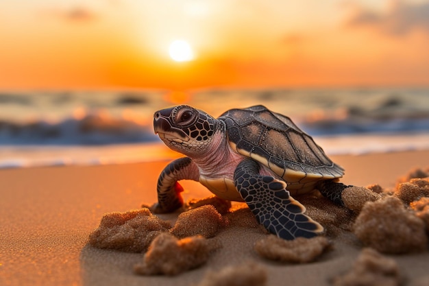 Um bebê tartaruga na praia