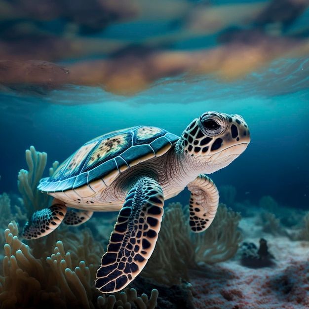 um bebê tartaruga no mar, fundo de recife,