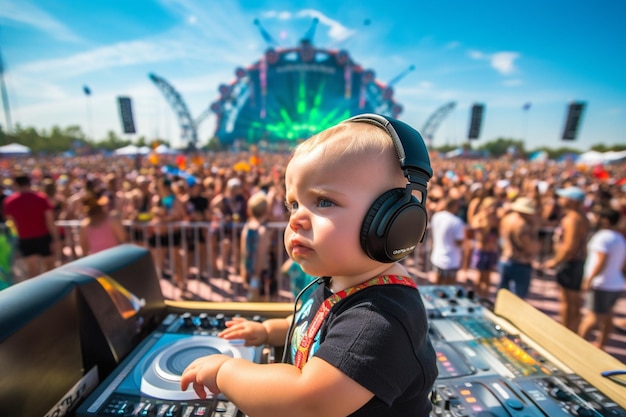 Um bebê toca em um festival de música com um DJ usando fones de ouvido.