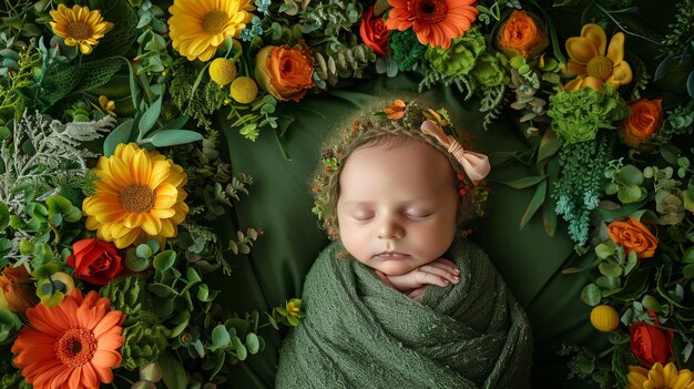 Foto um bebê tranquilo repousa em um lençol verde cercado por um aglomerado de flores