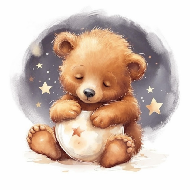 Um bebê urso está sentado com uma bola e as estrelas são visíveis.