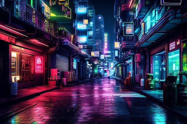 Um beco cyberpunk iluminado durante um trovão futurista