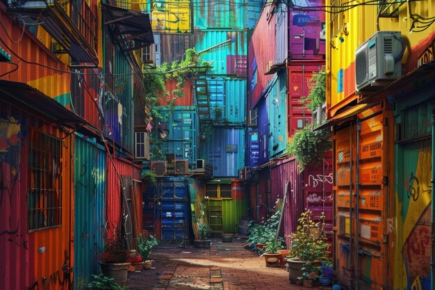 Foto um beco de contêineres colorido em um cenário urbano
