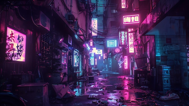 Um beco escuro e chuvoso em uma cidade cyberpunk A rua é iluminada pelas luzes de néon dos sinais e os reflexos das poças no chão