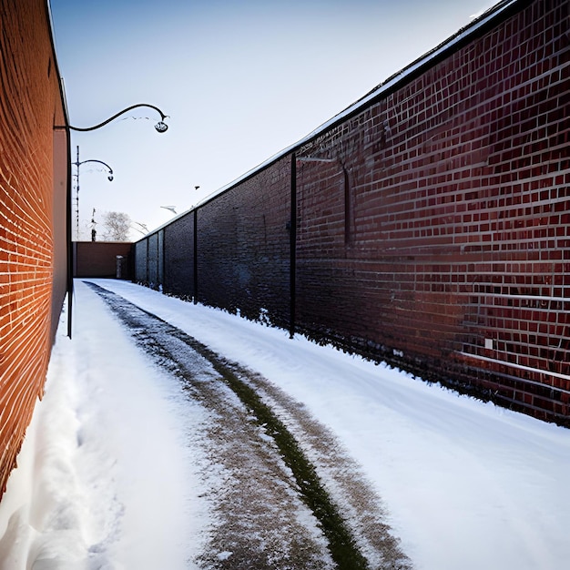 Um beco nevado com uma parede de tijolos e uma lâmpada de rua