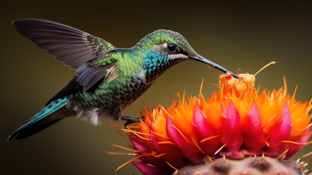 Um beija-flor comendo uma flor em um cacto.