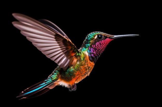 Um beija-flor de bico comprido e cabeça verde com fundo preto.