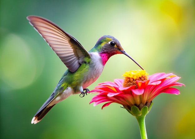 um beija-flor está empoleirado em uma flor e o pássaro está segurando seu bico