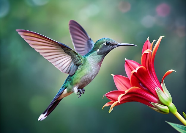 um beija-flor está voando acima de uma flor com um beijo-flor nele