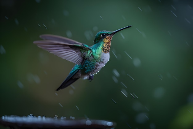 Um beija-flor está voando na chuva com a palavra "chuva" no fundo.