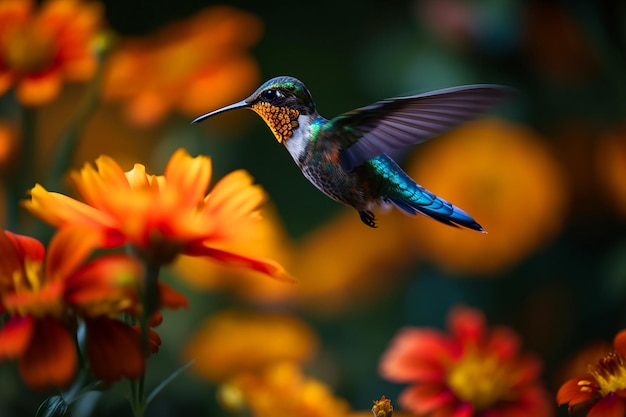 Um beija-flor está voando na frente de algumas flores.