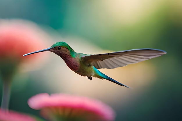 Um beija-flor está voando na frente de um fundo desfocado.