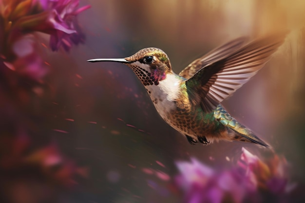 Um beija-flor está voando no ar com flores roxas ao fundo.