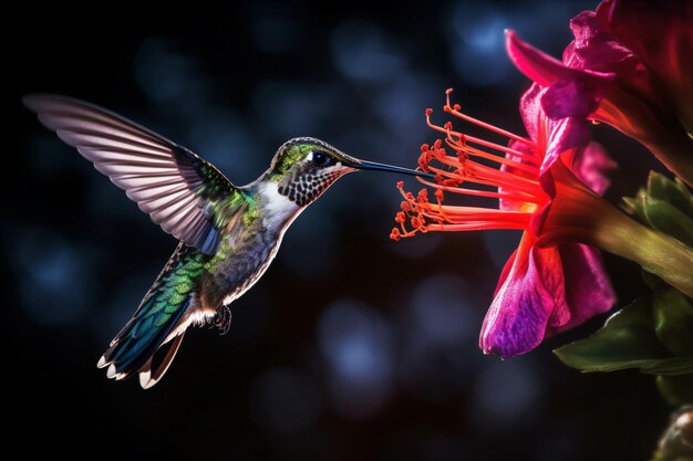 um beija-flor está voando perto de uma flor