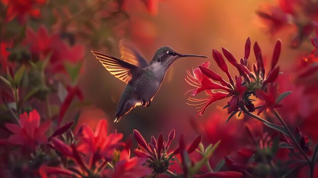 um beija-flor está voando sobre algumas flores