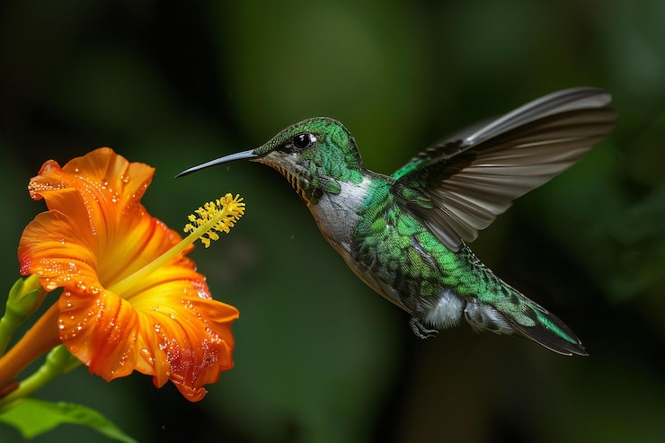Foto um beija-flor está voando sobre uma flor com uma flor em primeiro plano