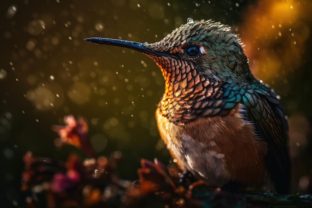 Um beija-flor na chuva