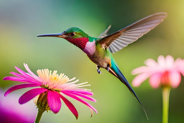 Um beija-flor voa perto de uma flor.