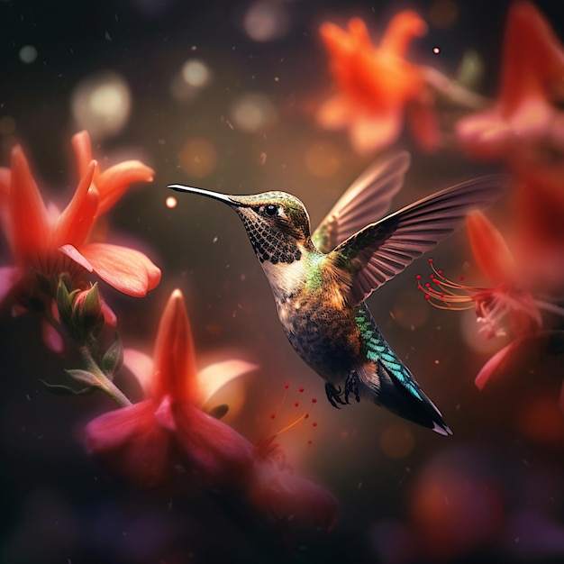 Um beija-flor voando entre as flores