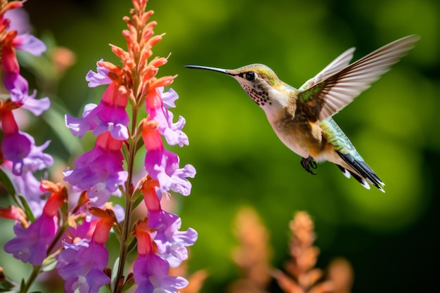 um beija-flor voando sobre uma flor com as asas abertas