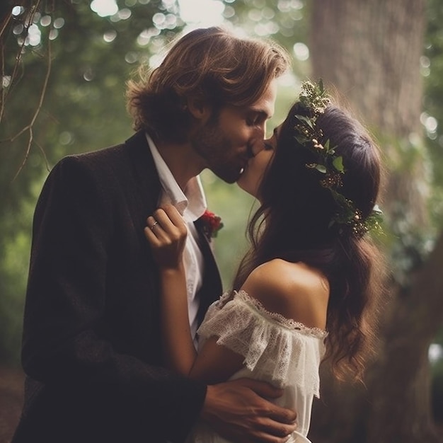 Um beijo dos noivos na floresta.
