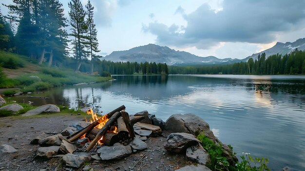 Um belo acampamento à beira do lago com uma fogueira crepitante e um cenário montanhoso, o lugar perfeito para relaxar e desfrutar do ar livre.