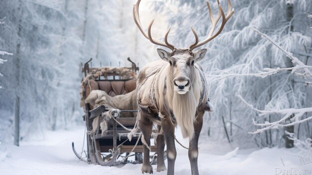 um belo alce em um trenó na floresta em um fundo de neve e um trenó Ano NovoGenerative AI