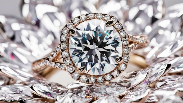 Um belo anel de noivado com diamantes.