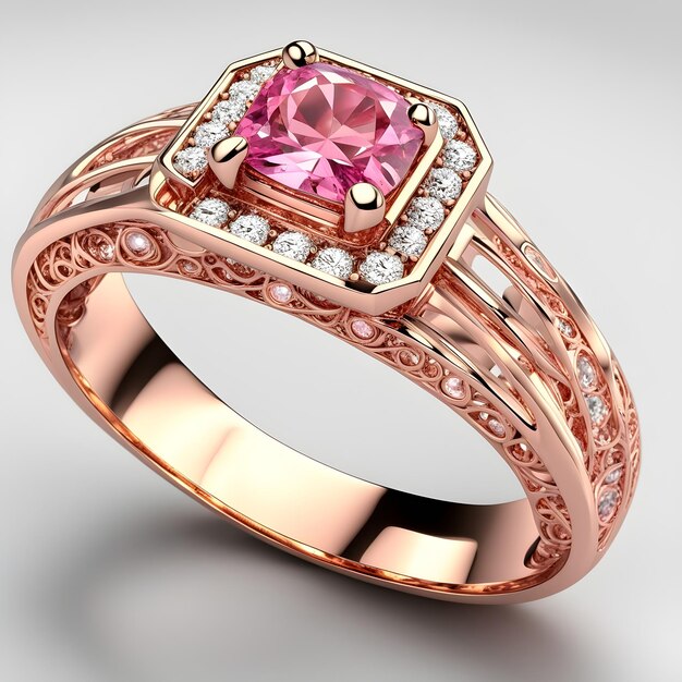 Foto um belo anel de ouro fotorrealista de alta qualidade, caro, com detalhes de diamantes e rosa.