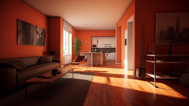 um belo apartamento novo com esquemas de cores vermelhas IA gerativa