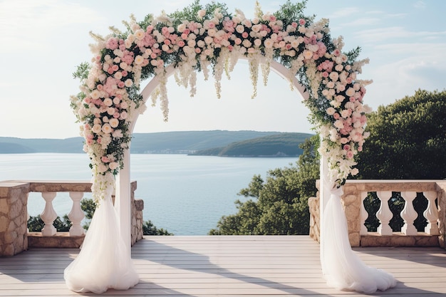 Foto um belo arco de casamento decorado com flores frescas.