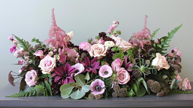 Foto um belo arranjo de flores cor-de-rosa e roxas, incluindo rosas, dáslias e anêmonas com folhagem verde