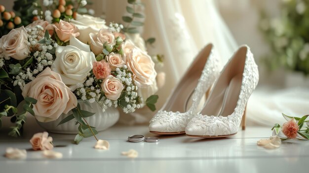 Um belo arranjo de rosas com sapato cercado por decoração floral de casamento fresco