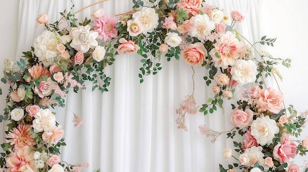 Um belo arranjo floral com uma variedade de flores em tons de rosa e branco
