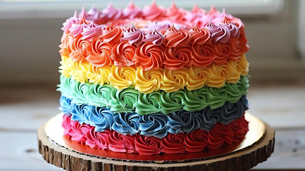 Um belo bolo de arco-íris com rosetas feitas de cobertura de cores diferentes O bolo está sentado em um suporte de bolo de madeira