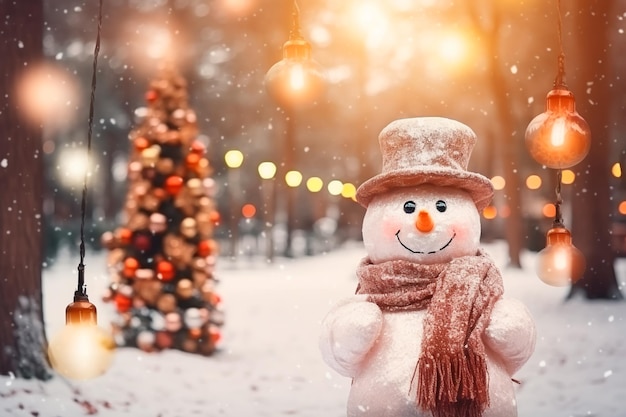 Um belo boneco de neve perto de uma casa decorada para o Natal Cores quentes da imagem