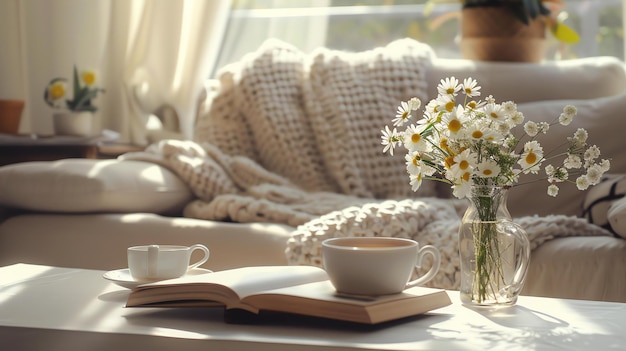 Um belo buquê de flores de camomila em um vaso de vidro senta-se em uma mesa de café na frente de um sofá branco