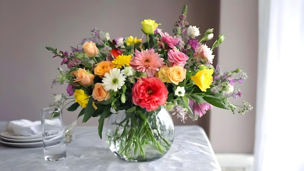 Foto um belo buquê de flores frescas traz elegância à mesa