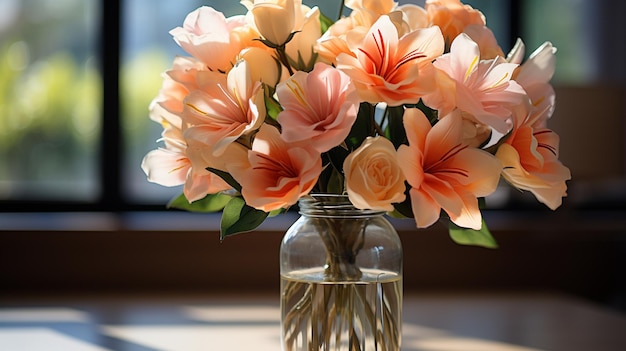 Um belo buquê de flores num vaso.