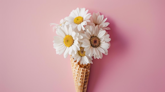 Um belo buquê de margaridas brancas em um cone de waffle em um fundo rosa