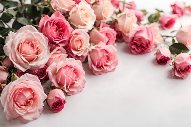 Um belo buquê de rosas cor-de-rosa sobre um fundo branco sereno