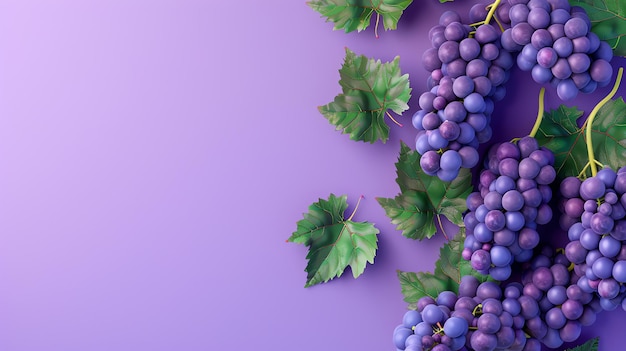 Um belo cacho de uvas roxas com folhas verdes sobre um fundo roxo sólido as uvas estão maduras e suculentas e as folhas são exuberantes e verdes