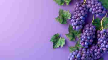 Foto um belo cacho de uvas roxas com folhas verdes sobre um fundo roxo sólido as uvas estão maduras e suculentas e as folhas são exuberantes e verdes