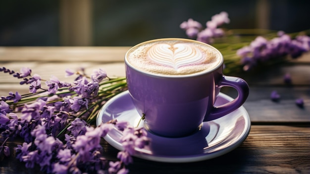 Um belo café com lavanda de baunilha numa mesa de madeira.