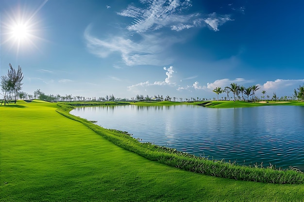 Foto um belo campo de golfe com grama verde claro