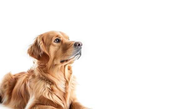 Um belo cão castanho deitado em um fundo branco