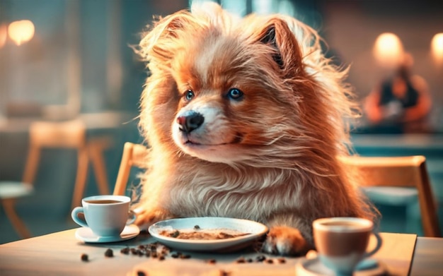 Um belo cão está bebendo café.