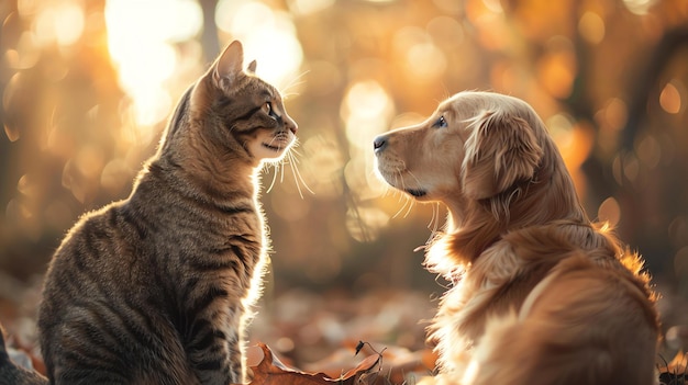 Foto um belo cão golden retriever e um gato tabby estão sentados lado a lado em um campo de folhas caídas