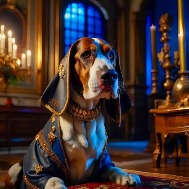 Um belo cão nobre basset posa em um traje rico em um interior vintage Cão juiz